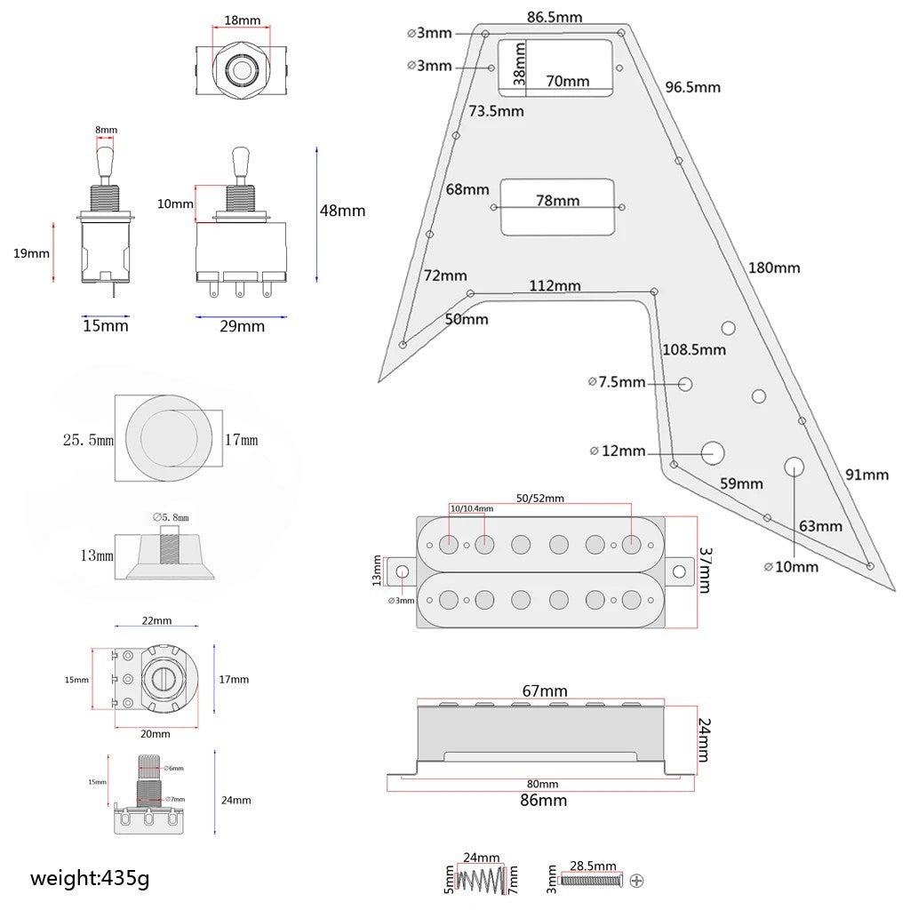 White HH Guitar Prewired Loaded Pickguard Fit Flying V Guitars