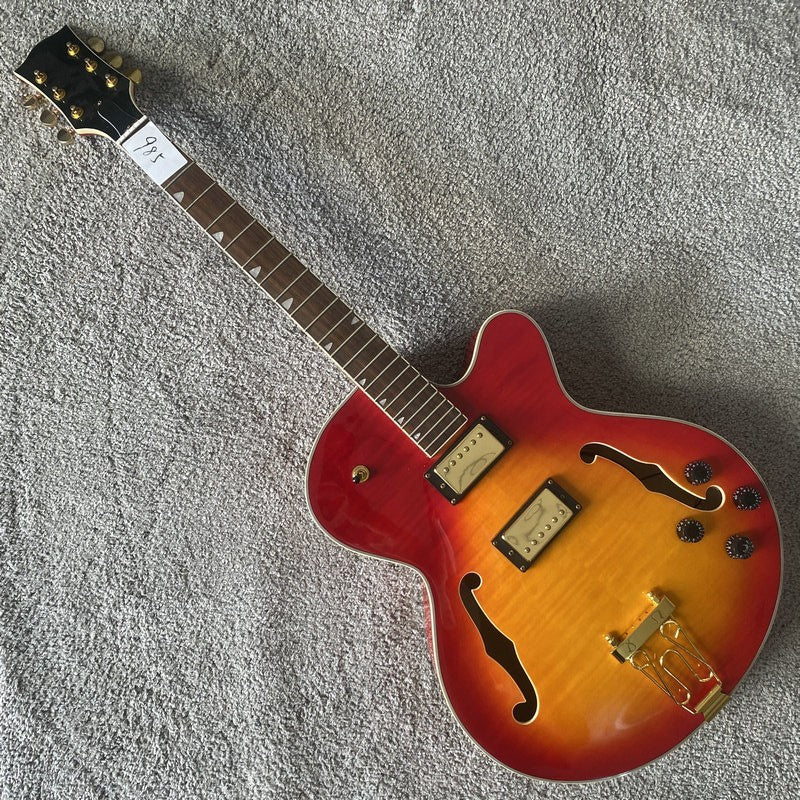 Cherry Burst Hollow Body Jazz Guitar with Maple Neck, Rosewood Fingerb
