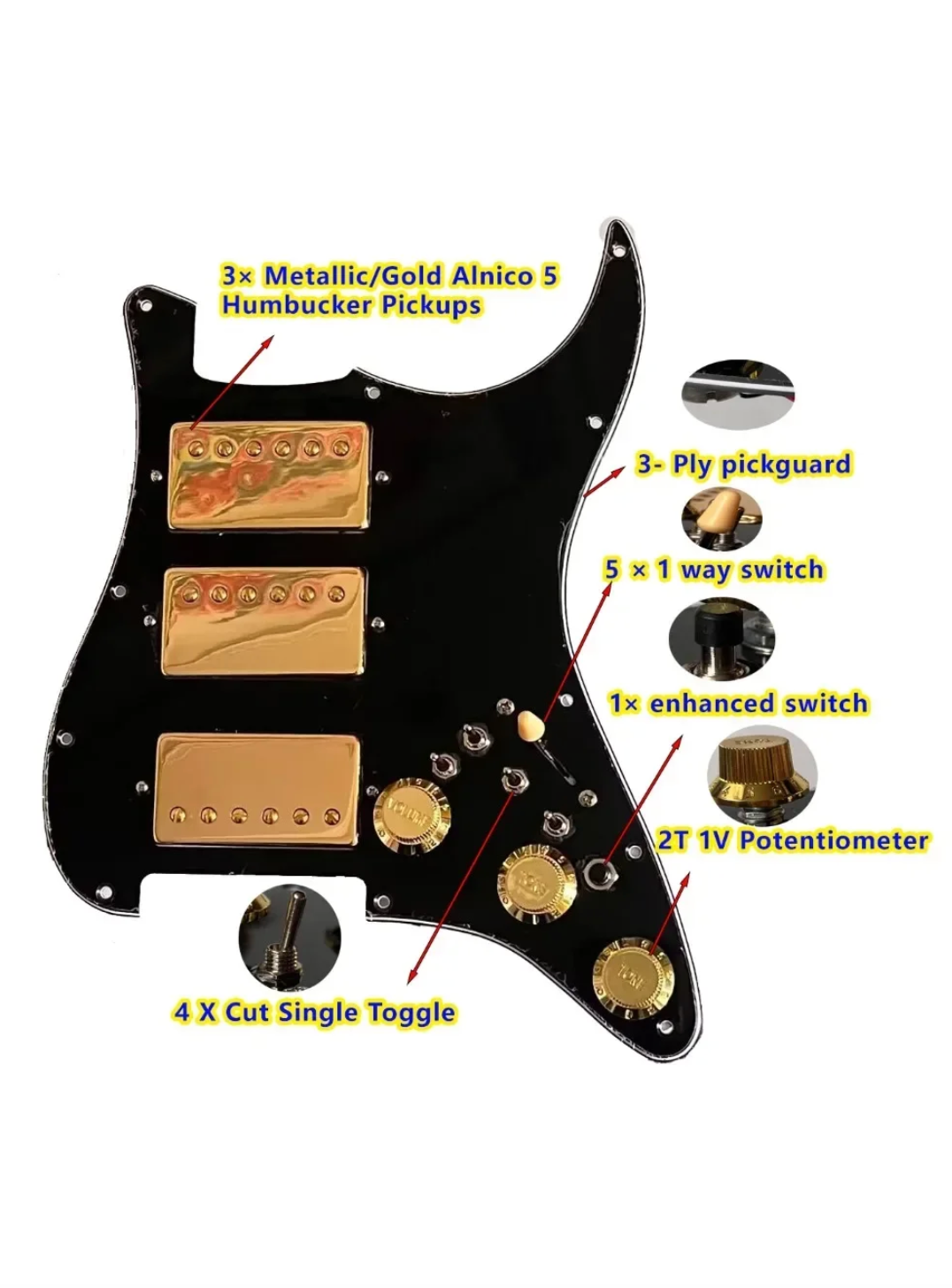 HHH Guitar Black Prewired Loaded Pickguard, Multi Tone Wiring Fit Stra