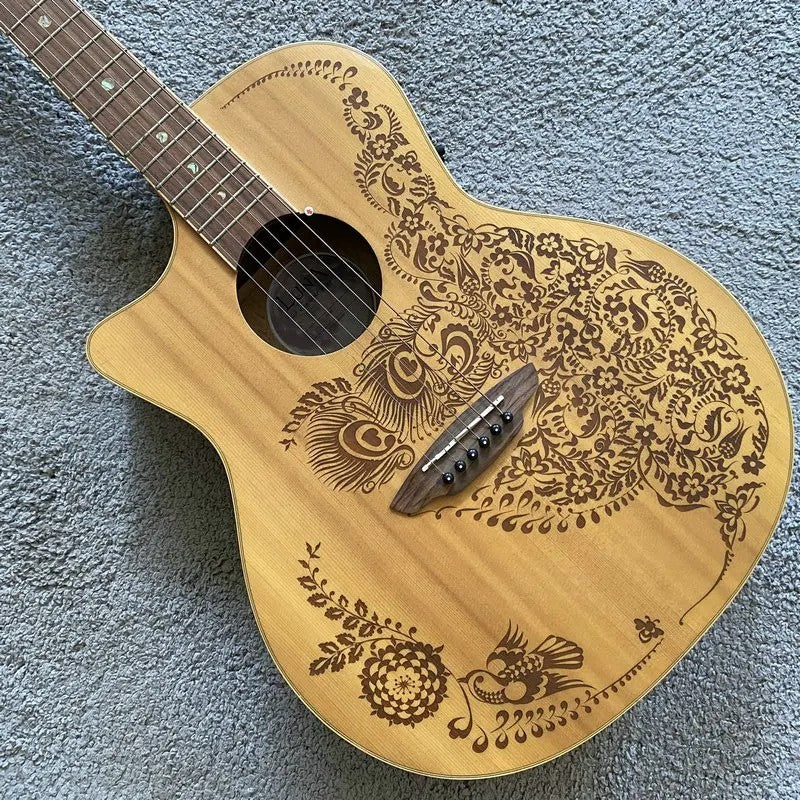 Left Handed Luna Acoustic Guitar, Engraved Spruce Top Body, Mahogany N