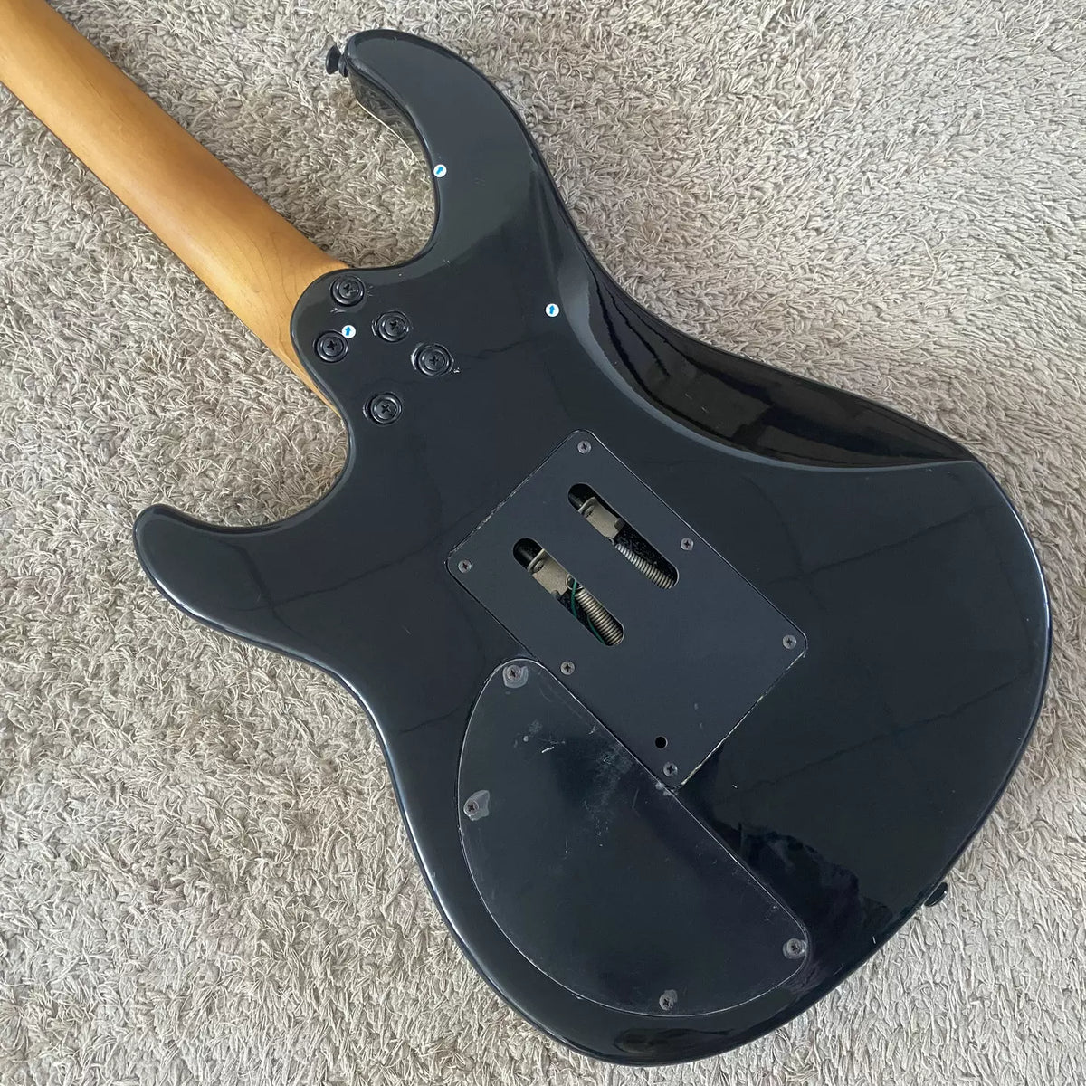 Budweiser Payvey rebranded large double-tremolo electric guitar, black, dual pickups, 24-fret, minor stock defects.