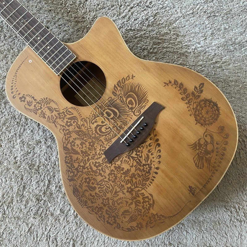 Luna Engraved Red Pine Top Acoustic Guitar, Mahogany Neck, Rosewood Fi