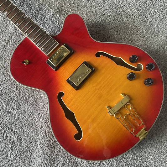 Cherry Burst Hollow Body Jazz Guitar with Maple Neck, Rosewood Fingerb