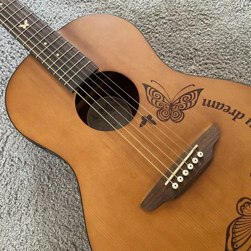 Luna Acoustic Guitar Engraved Spruce Top Body Mahogany Neck Rosewood F