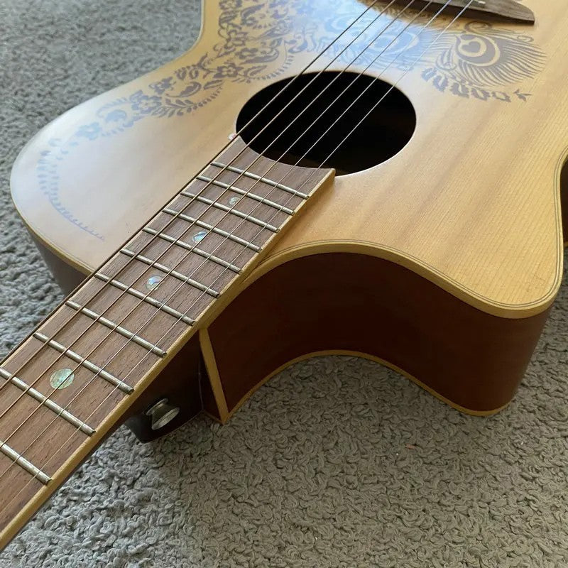 Left Handed Luna Acoustic Guitar, Engraved Spruce Top Body, Mahogany N