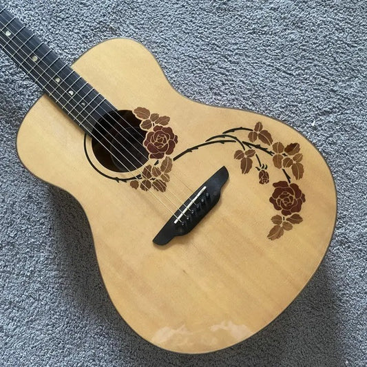 Luna 38 Inch Acoustic Guitar, Engraved Rose Spruce Top Body, Okoume Ne
