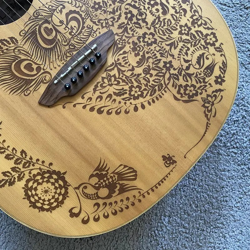 Left Handed Luna Acoustic Guitar, Engraved Spruce Top Body, Mahogany N