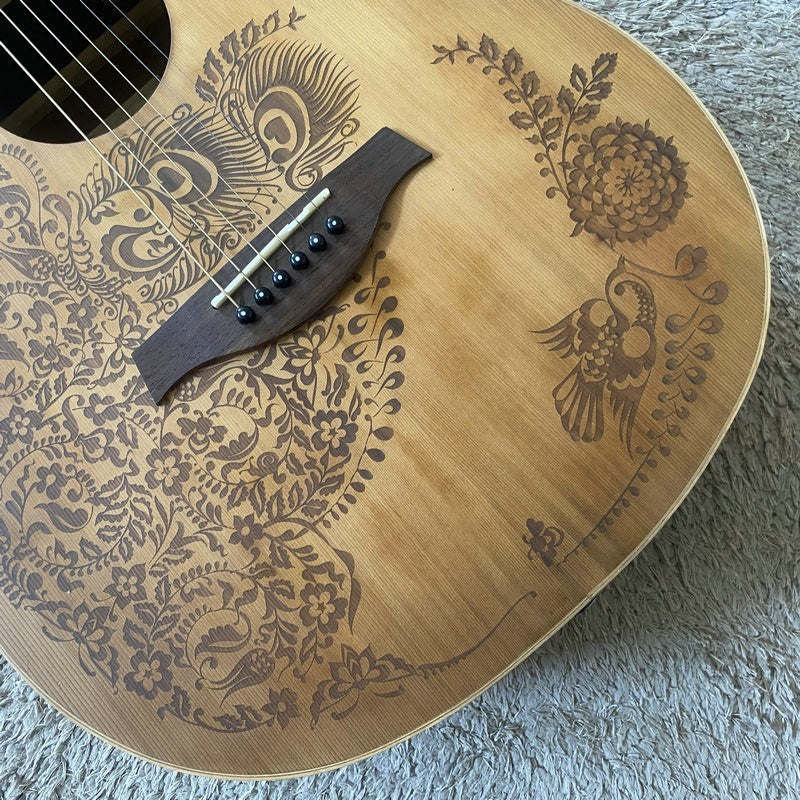 Luna Engraved Red Pine Top Acoustic Guitar, Mahogany Neck, Rosewood Fi