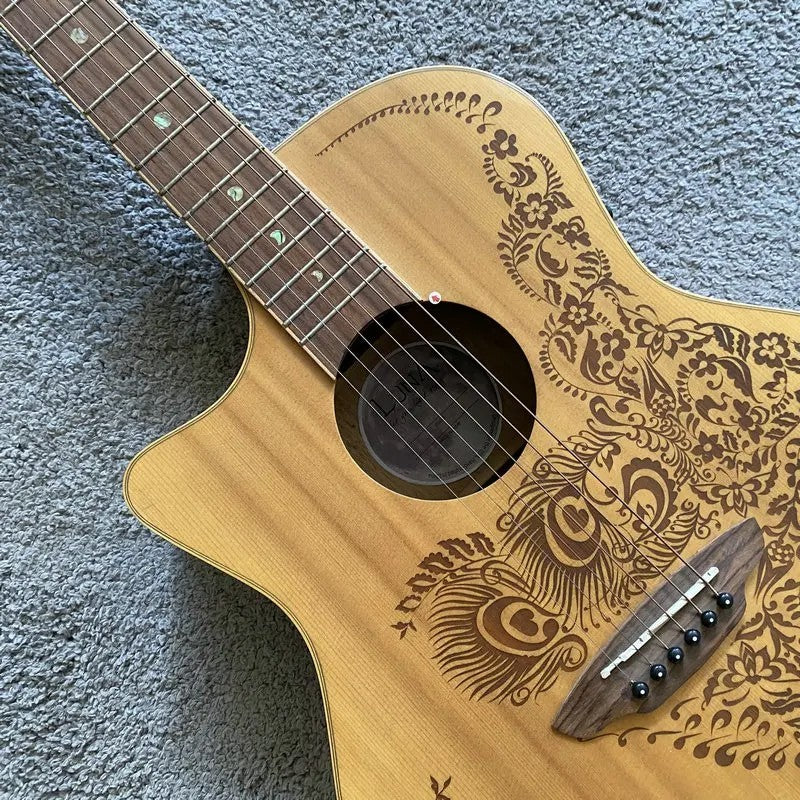 Left Handed Luna Acoustic Guitar, Engraved Spruce Top Body, Mahogany N