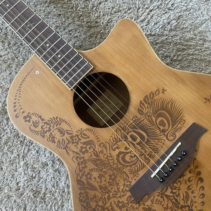 Luna Engraved Red Pine Top Acoustic Guitar, Mahogany Neck, Rosewood Fi