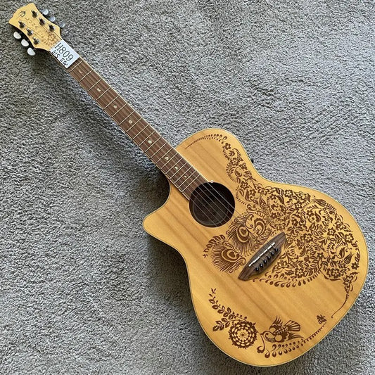 Left Handed Luna Acoustic Guitar, Engraved Spruce Top Body, Mahogany N
