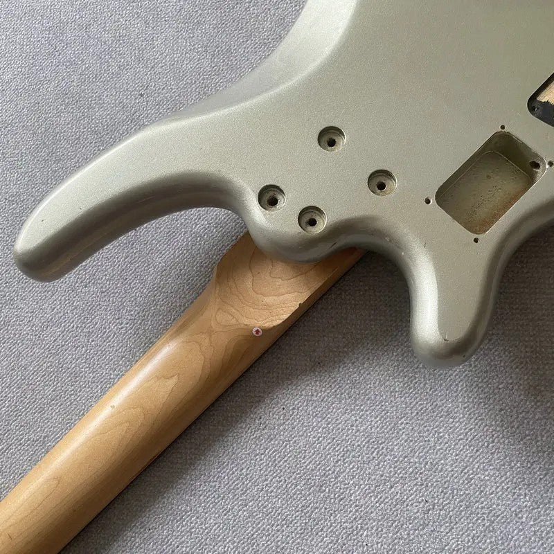 Metallic Silver 4 String Bass Basswood Body with Maple Neck, Rosewood