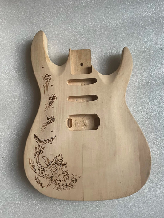 Unfinished Basswood HSS Guitar Body with Engraved Shark Top DIY Projec