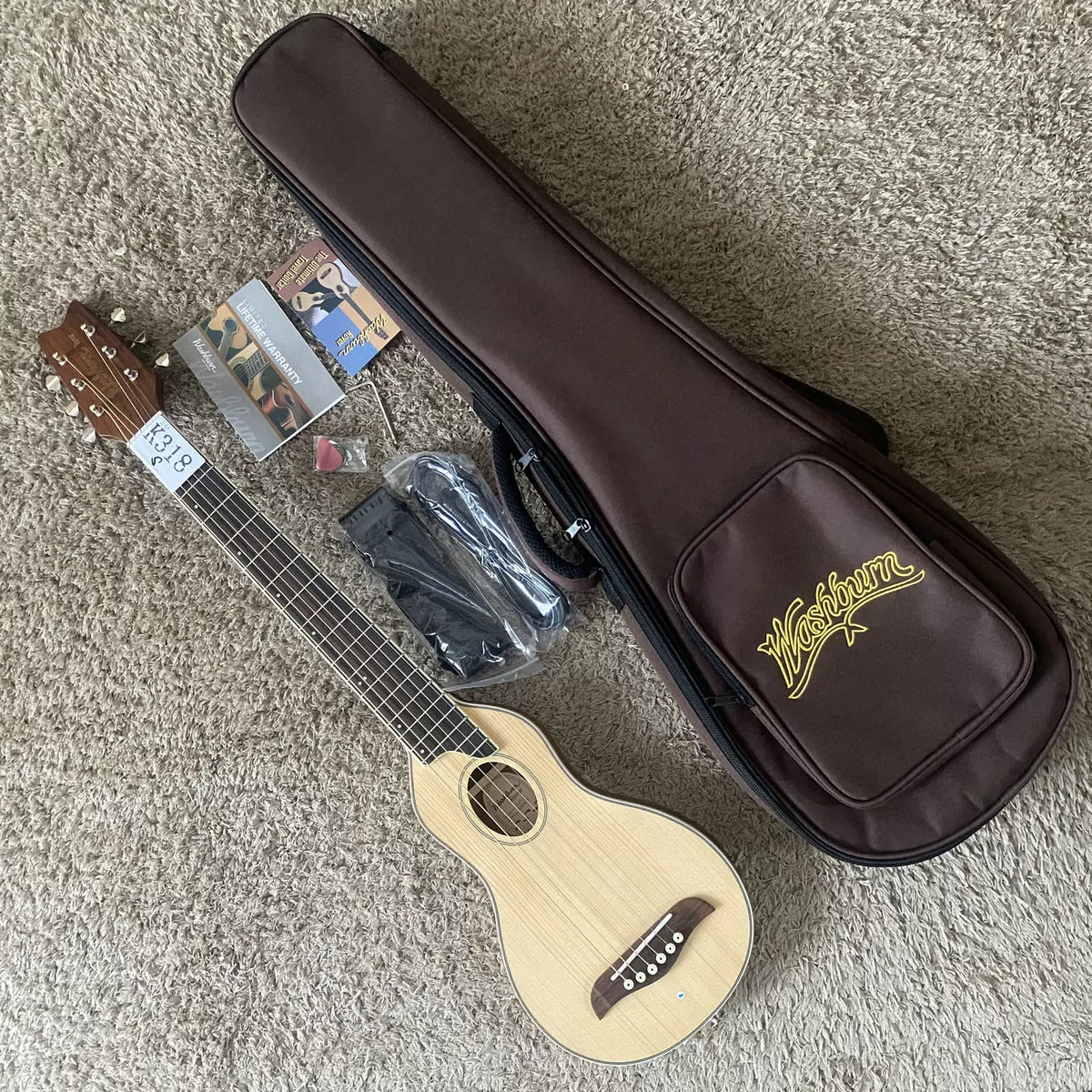 Washburn RO10 Warrior 34-inch acoustic guitar with solid top, travel style, comes with bag, original wood, minor flaws.
