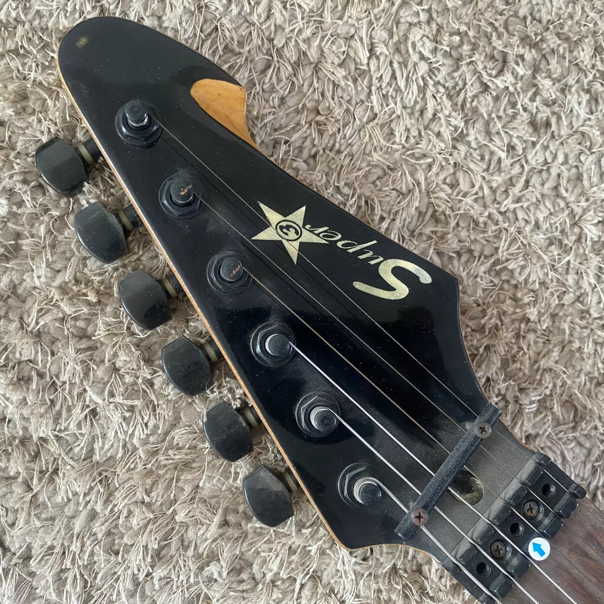 Budweiser Payvey rebranded large double-tremolo electric guitar, black, dual pickups, 24-fret, minor stock defects.