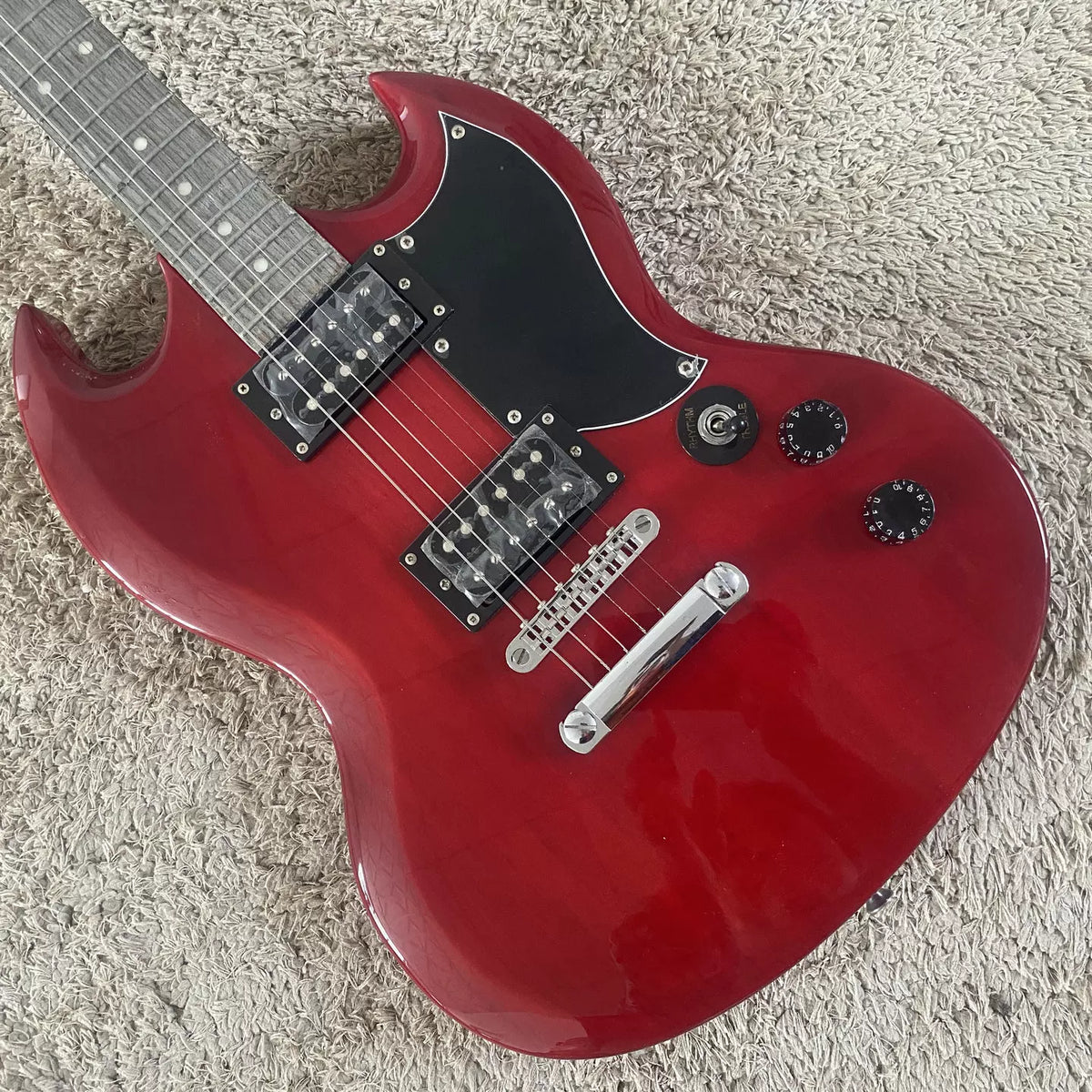 Harley Benton HB SG Devil Horn Electric Guitar, Burgundy, with Humco Dot Pickups (Stock)
