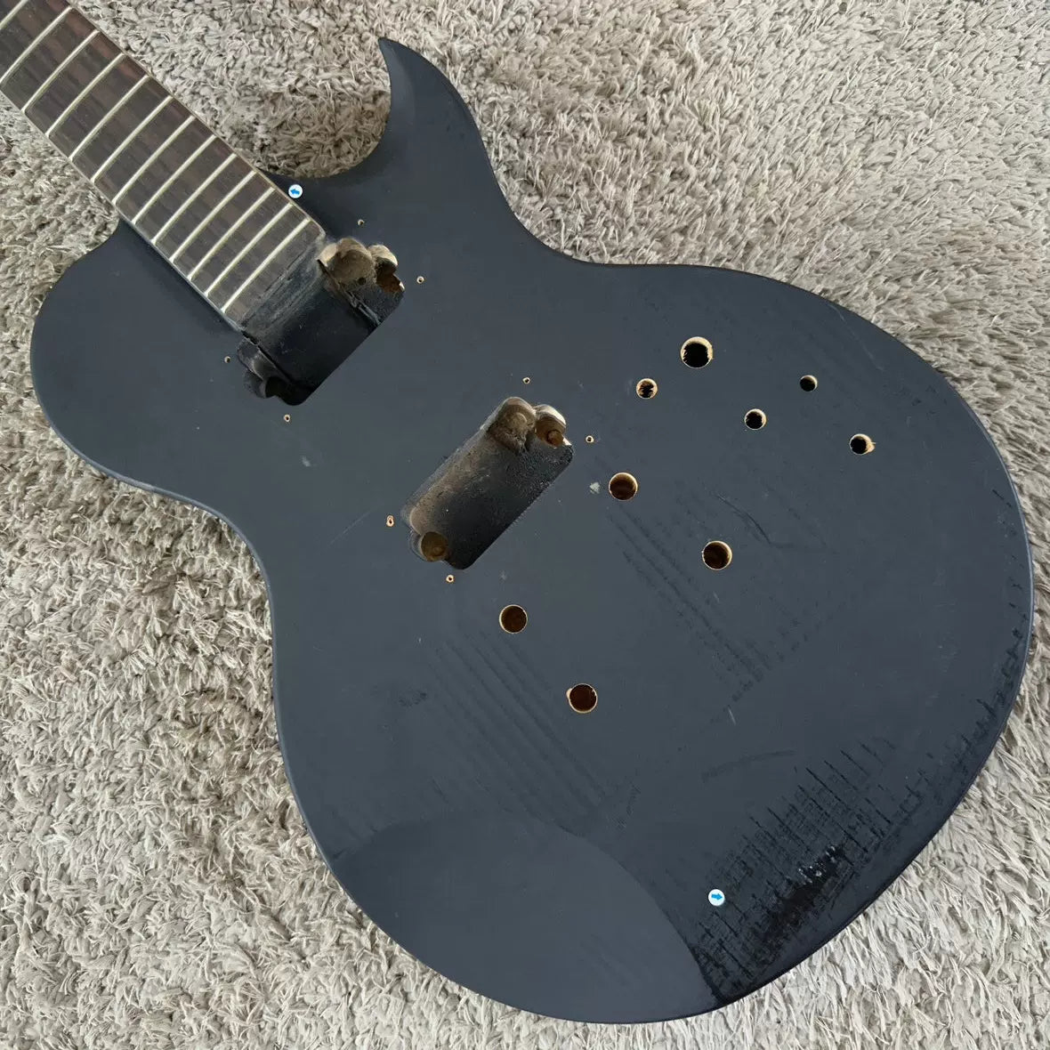 Stock Ellypse Flat LP Electric Guitar, unfinished, no accessories, dual pickups, DIY, black, minor flaws.