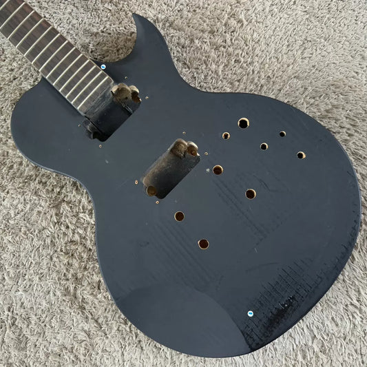 Stock Ellypse Flat LP Electric Guitar, unfinished, no accessories, dual pickups, DIY, black, minor flaws.