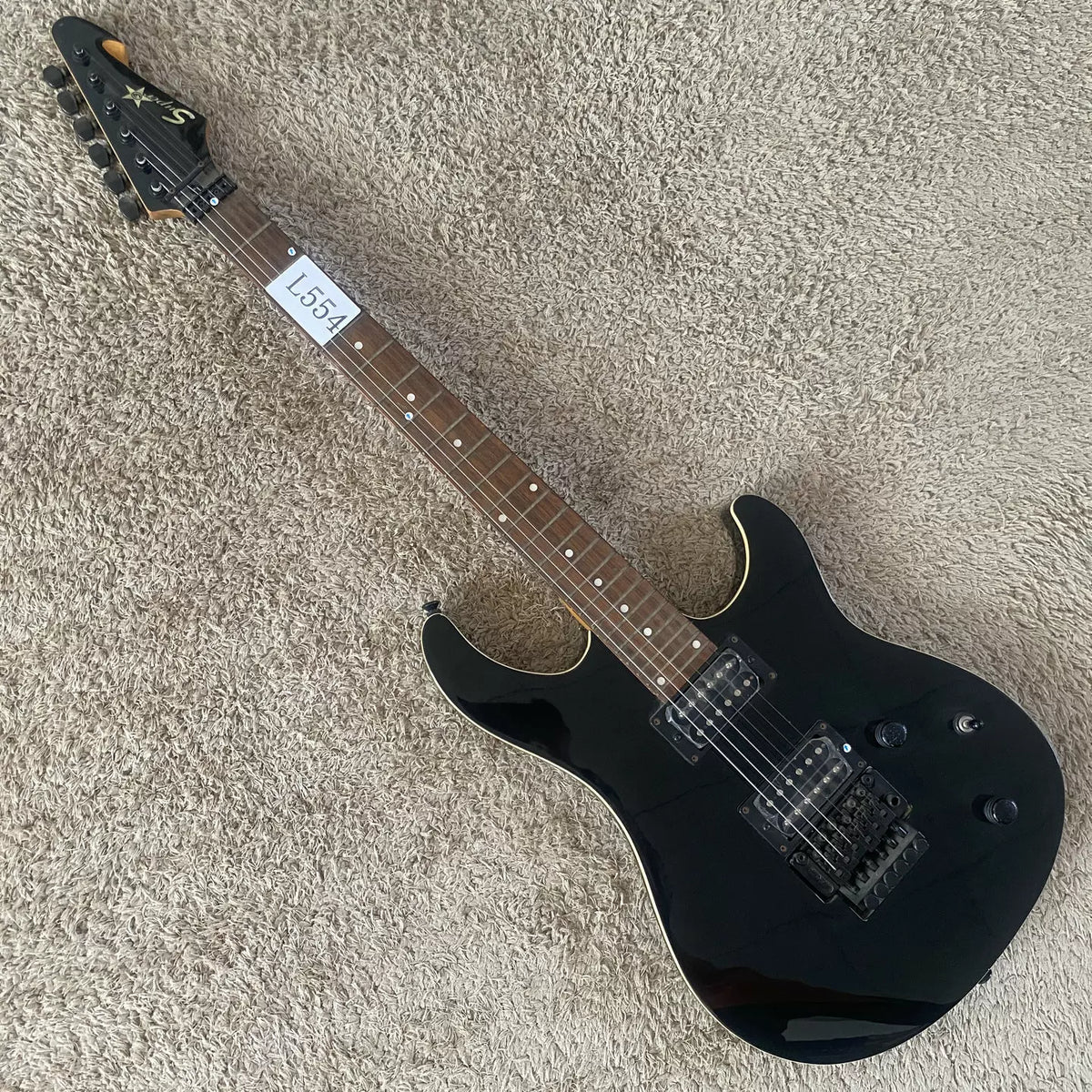 Budweiser Payvey rebranded large double-tremolo electric guitar, black, dual pickups, 24-fret, minor stock defects.