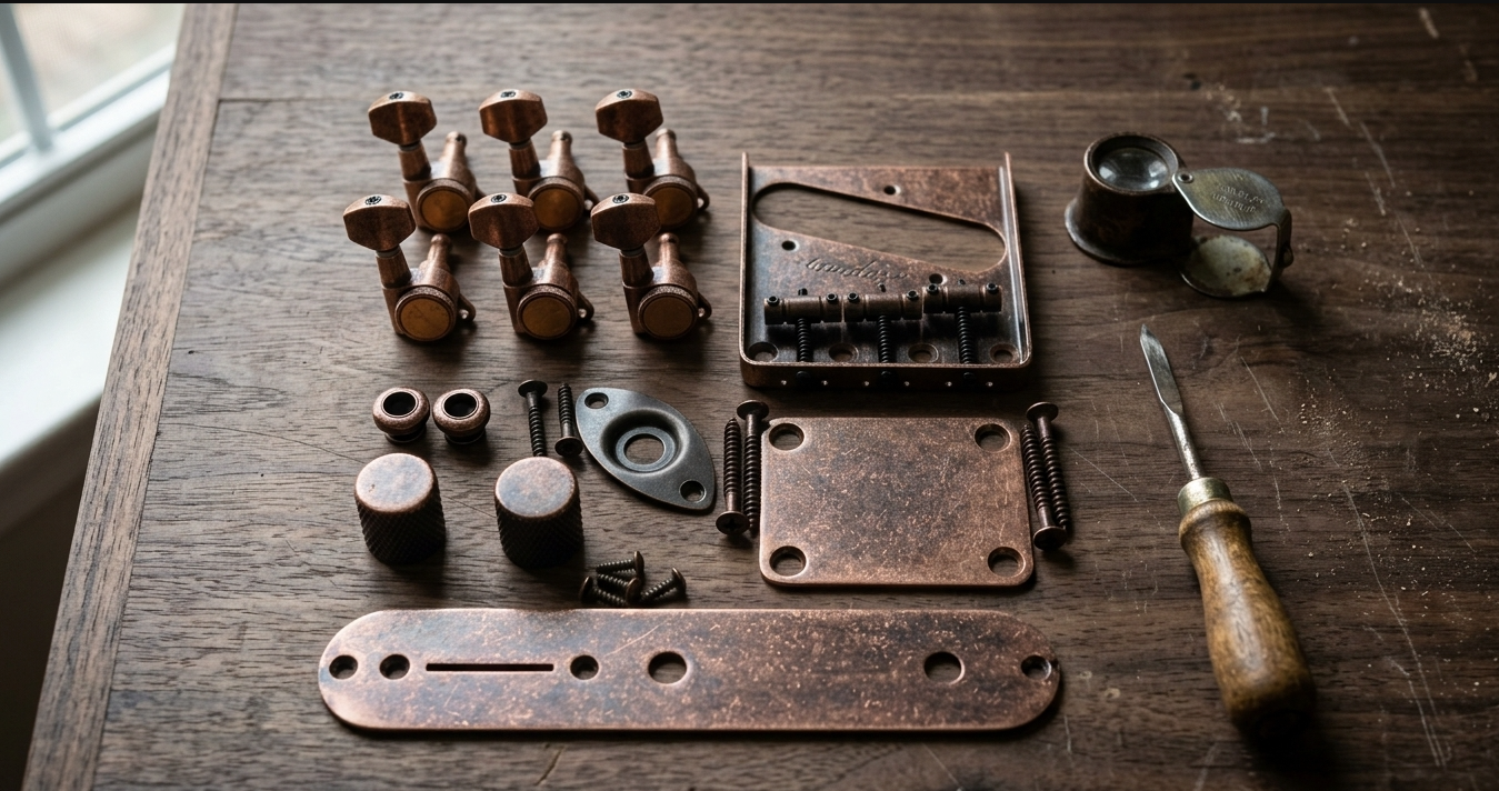 Bronze Set Guitar Bridge, Tuning Pegs, Knobs, Control Plate For Telecaster Tele