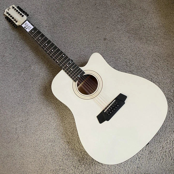 White 12 String Acoustic Electric Guitar, Mahoga Plywood Top Body, Mahogany Neck