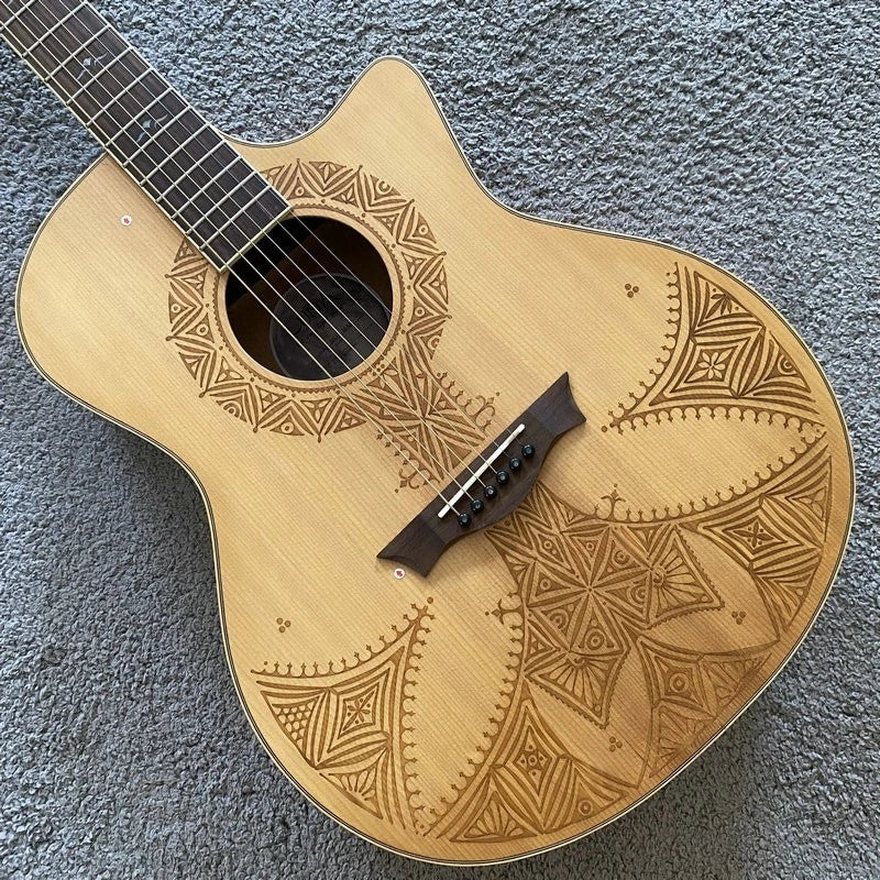 Acoustic Guitar Red Pine Engraved Top Body Mahogany Neck Rosewood Fingerboard
