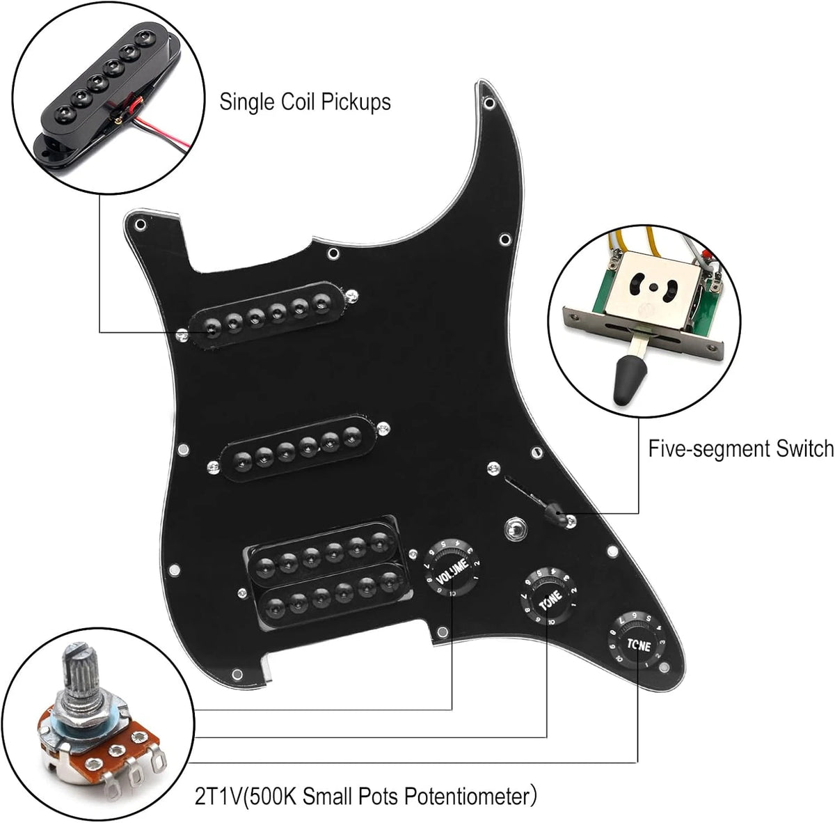 Black HSS Guitar Loaded Prewired Pickguard with Large Pole Pickups Fit Strat ST
