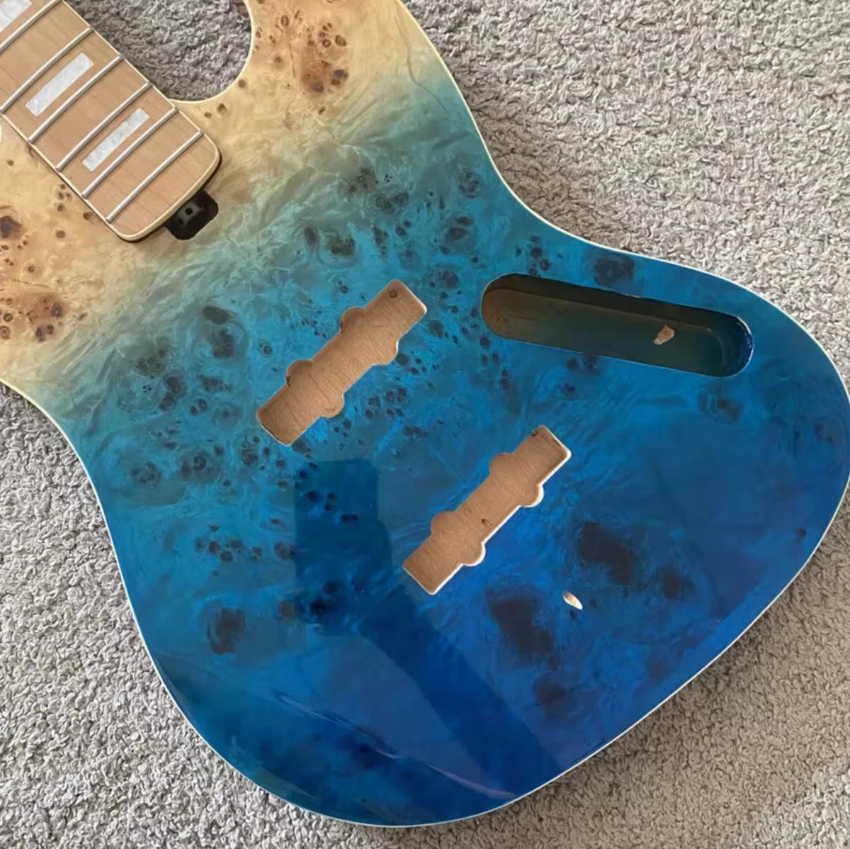 Blue Burt Wood Top 4 String Alder Bass Body, Roasted Maple Neck Fit Jazz Bass