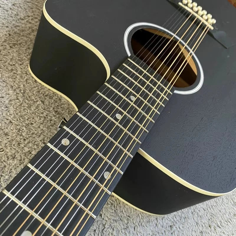 Matte Black 12-String Mahogany Acoustic Guitar, Rosewood Fingerboard Neck