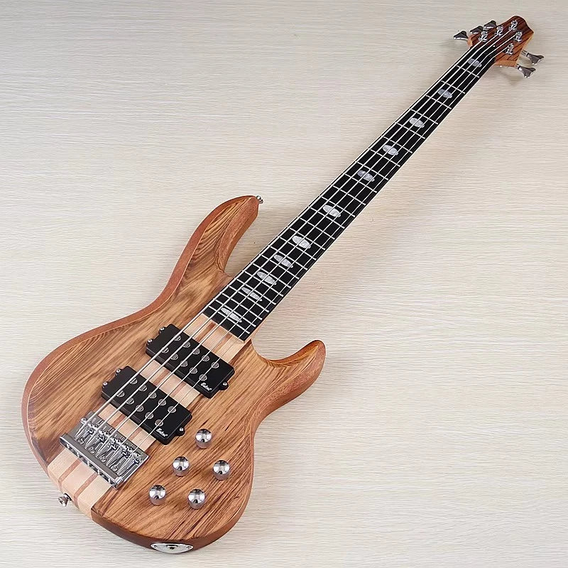 Zebra Wood Top 5 String Electric Bass, Okoume Wood Body, Maple Neck Through