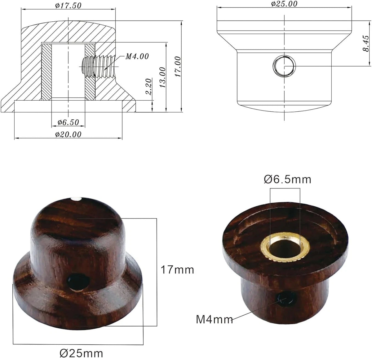4pcs Rosewood Top Hat Guitar Volume Tone Knobs Fit Epiphone,Ibane<wbr/>z,Washburn,Cor<wbr/>t