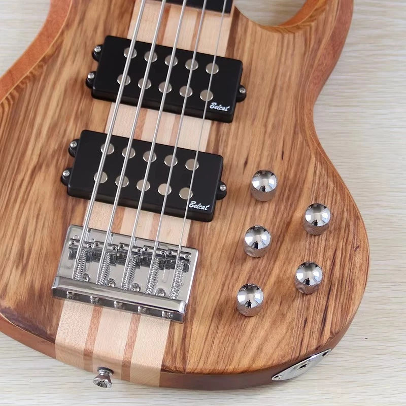 Zebra Wood Top 5 String Electric Bass, Okoume Wood Body, Maple Neck Through