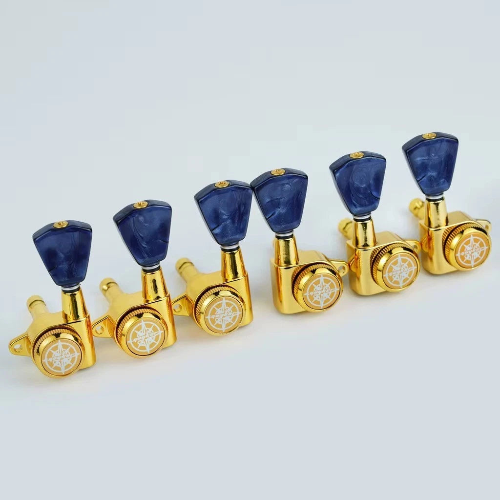 Gold Locking Guitar Machine Heads Tuning Pegs with Blue Buttons