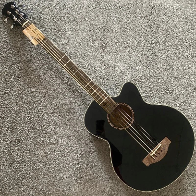 Gloss Black 5 String Acoustic Electric Bass, Spruce Top, Mahogany Neck, Rosewood