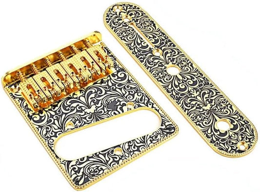 Vintage Engraved Gold Guitar Roller Saddles Bridge w Control Plate Fit Tele TL