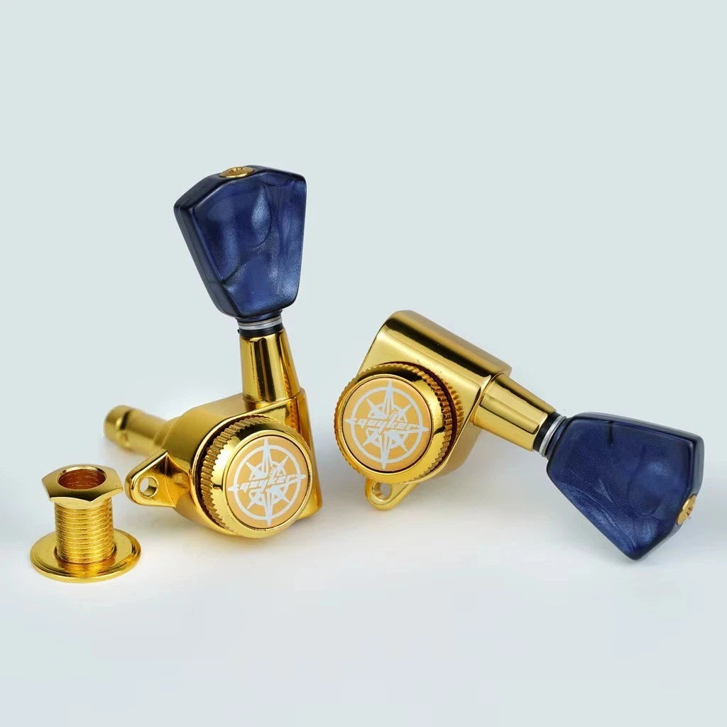 Gold Locking Guitar Machine Heads Tuning Pegs with Blue Buttons