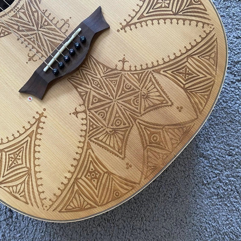 Acoustic Guitar Red Pine Engraved Top Body Mahogany Neck Rosewood Fingerboard