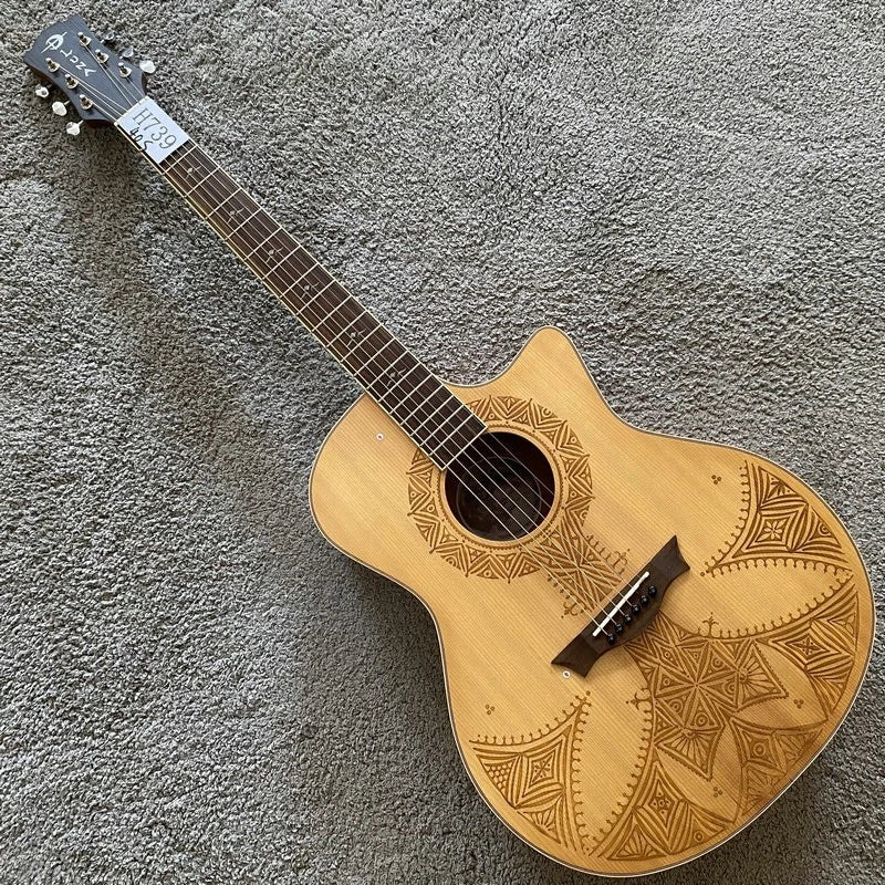 Acoustic Guitar Red Pine Engraved Top Body Mahogany Neck Rosewood Fingerboard
