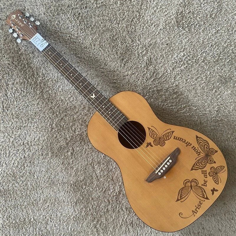Luna 38 Inch Acoustic Guitar, Engraved Butterflies Pine Top Body, Okoume Neck