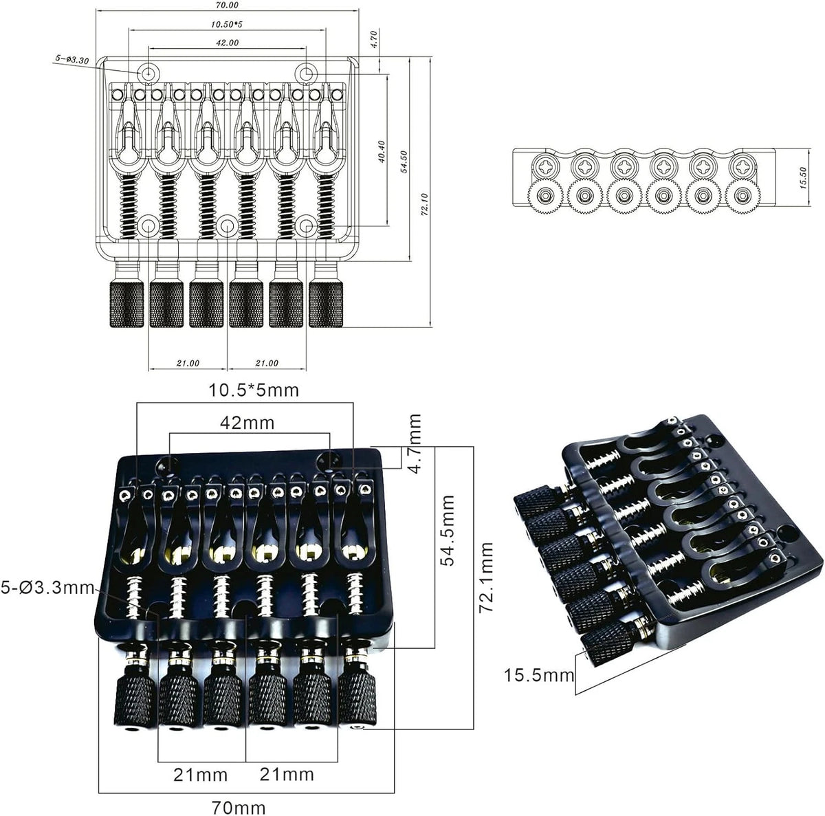 6 String Headless Guitar Fixed Bridge System in Black