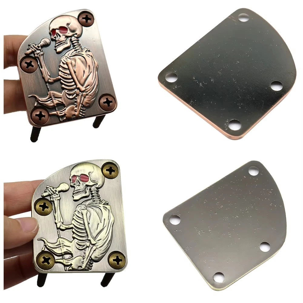 Bronze Skull Pattern Guitar Neck Plate with Screws for ST, TL and Jazz Bass