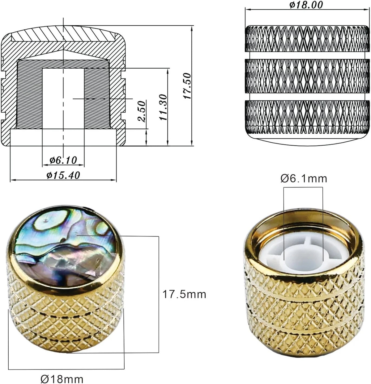 3pcs Gold Guitar Bass Control Knobs with Abalone Top Fit Schecter,Dean,<wbr/>Kiesel
