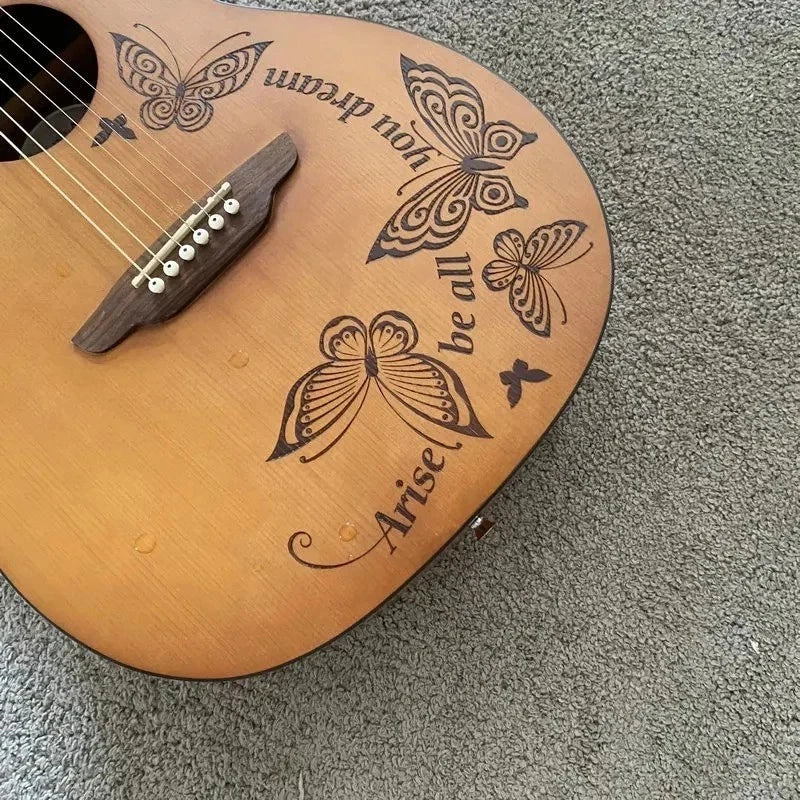Luna Acoustic Guitar Engraved Spruce Top Body Mahogany Neck Rosewood Fingerboard