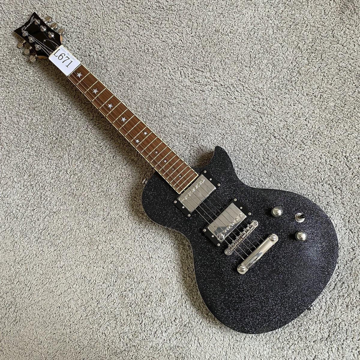 Black Sparkle Mini Electric Guitar, Mahogany Body, Maple Neck, Rosewood