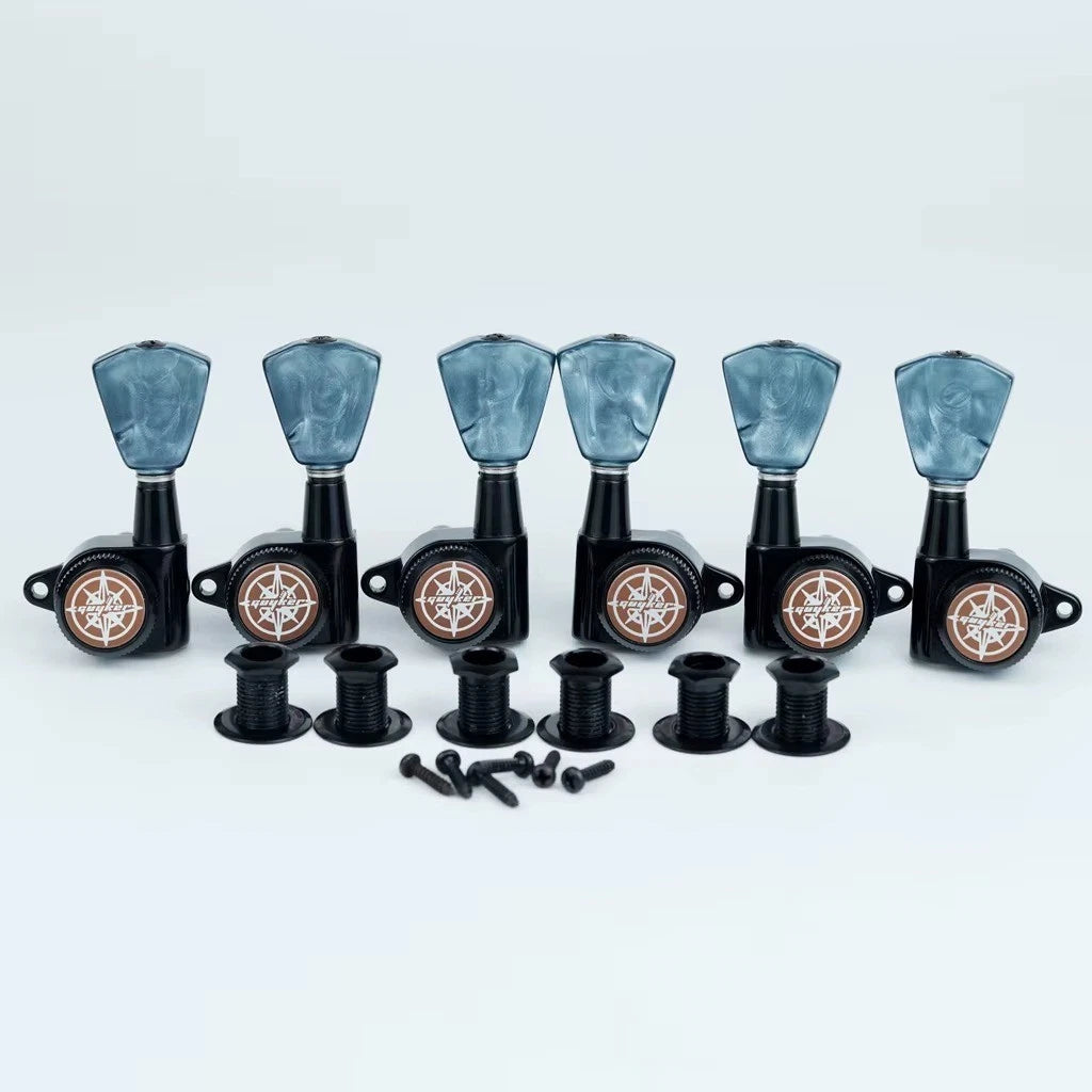 Black Locking 3R3L Guitar Machine Heads Tuning Pegs Keys, Pearloid Buttons