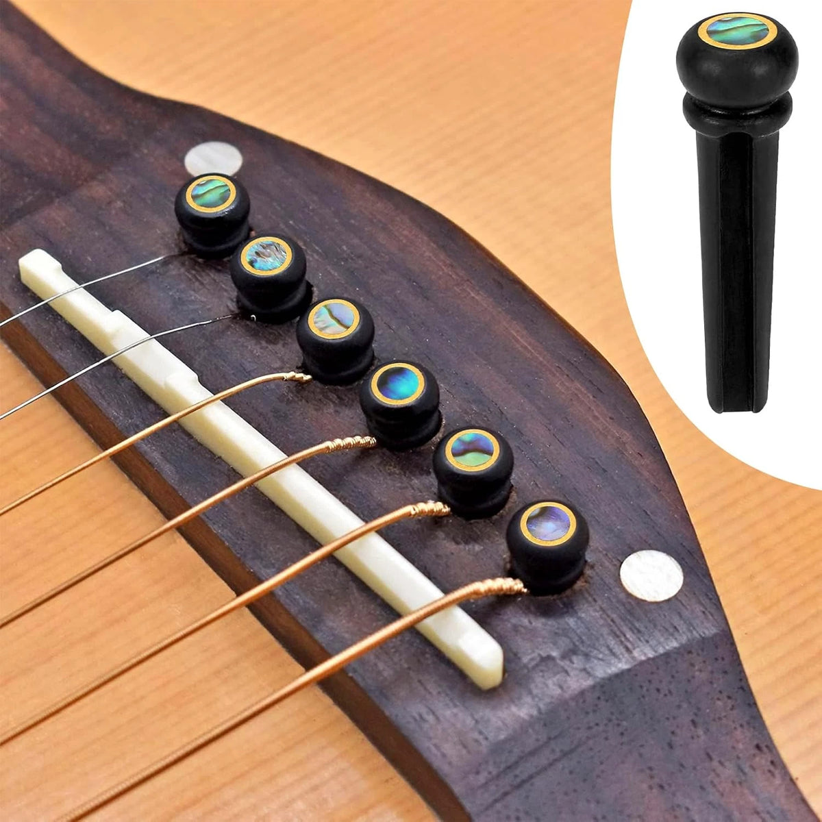 Ebony and Abalone Guitar Bridge Pins Fit Ibanez,Takamin<wbr/>e,Martin,Cort,<wbr/>Alvarez,Eko