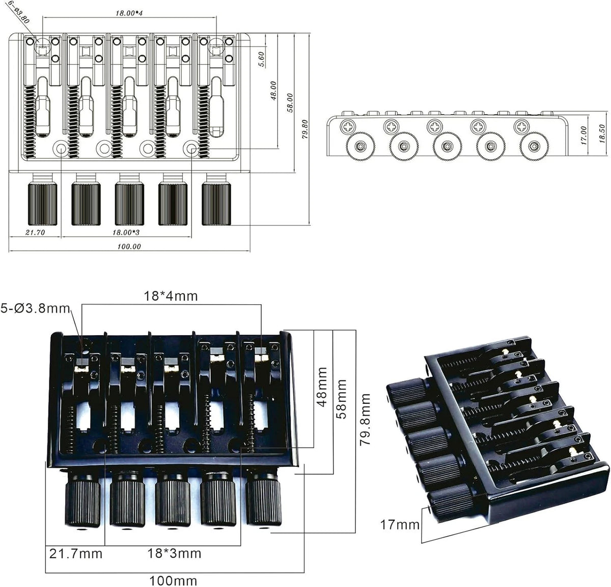 Black 5 String Headless Bass High Mass Fixed Bridge System