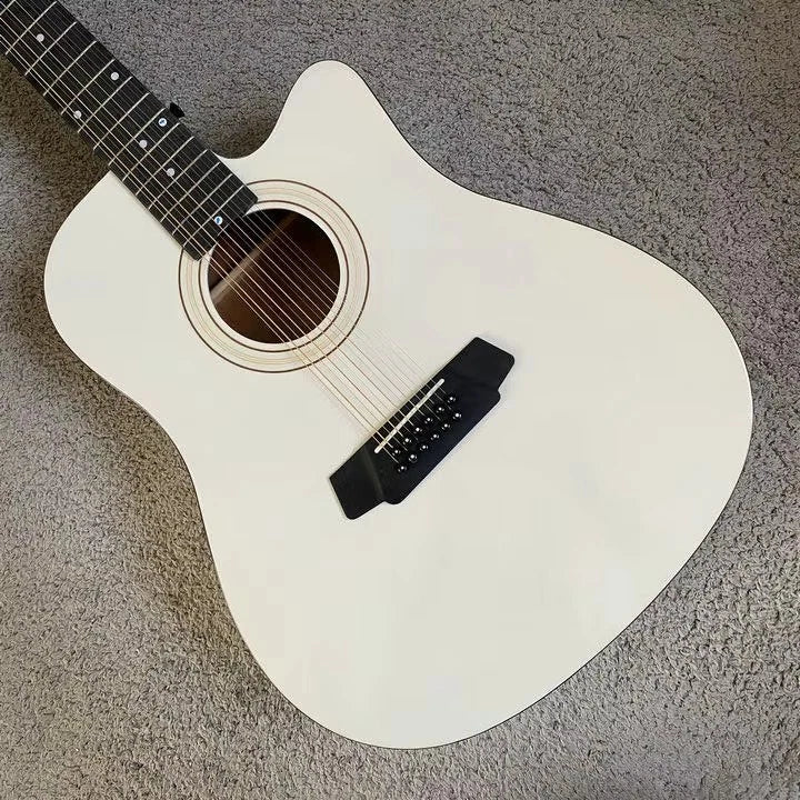 White 12-String Acoustic Guitar with EQ, Mahogany Neck, Rosewood Fingerboard