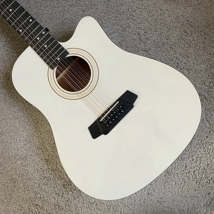 White 12 String Acoustic Electric Guitar, Mahoga Plywood Top Body, Mahogany Neck