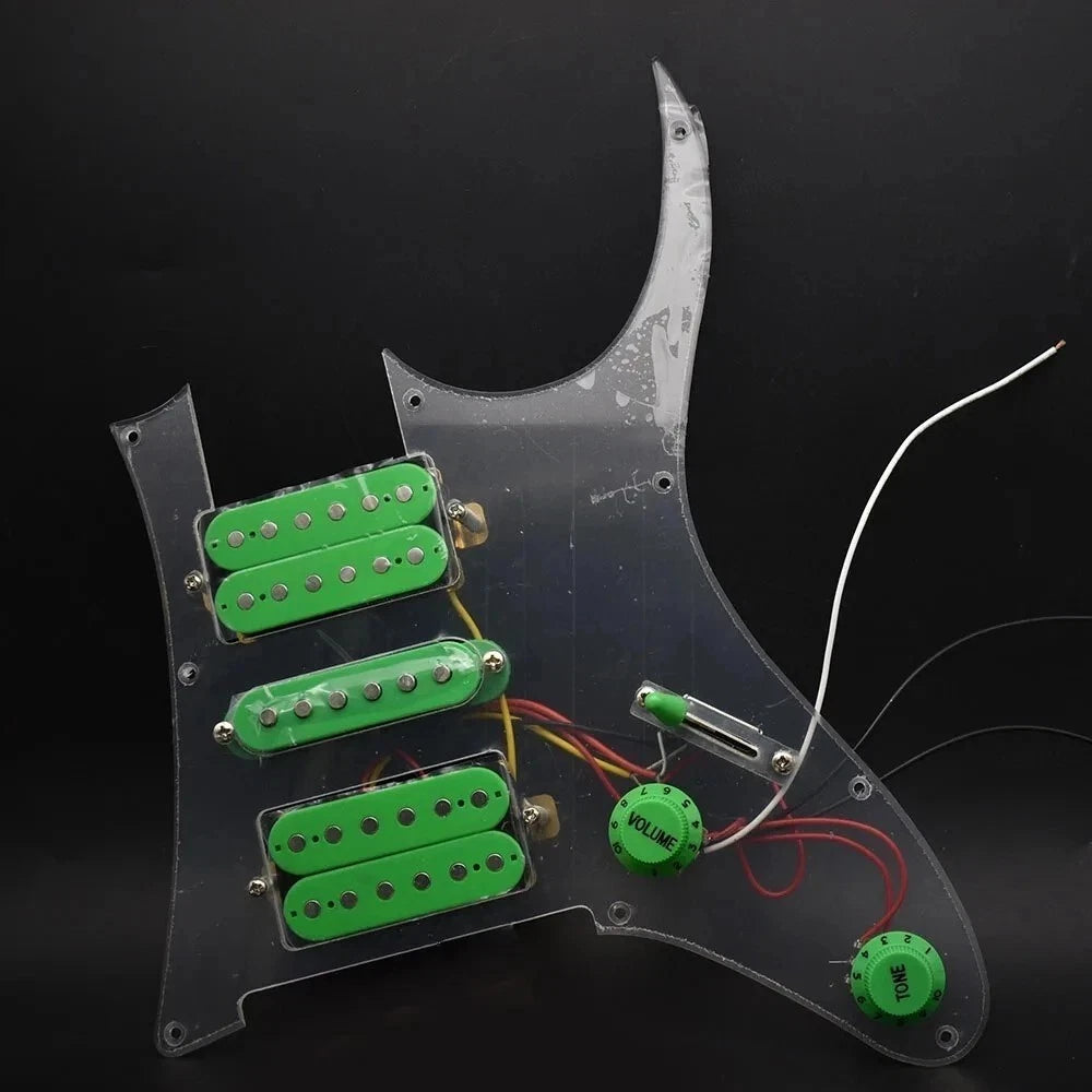 Transparent Guitar HSH Loaded Prewired Pickguard with Green Pickups Fit Ibanez